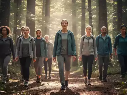 Eine Gruppe von Erwachsenen praktiziert achtsames Gehen in einem sonnendurchfluteten Wald, mit weichem Licht, das durch die Bäume fällt. - Foto: über boerse-global.de