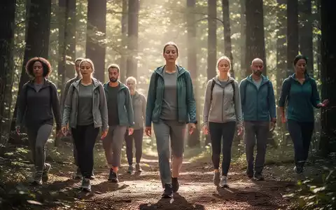 Eine Gruppe von Erwachsenen praktiziert achtsames Gehen in einem sonnendurchfluteten Wald, mit weichem Licht, das durch die Bäume fällt. - Foto: über boerse-global.de