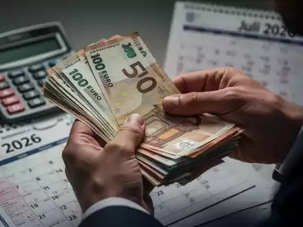Hände halten Euro-Banknoten, im Hintergrund Taschenrechner und Kalenderblatt mit 'Juli 2026', symbolisiert finanzielle Änderungen. - Foto: über boerse-global.de