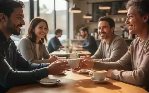 Eine Gruppe von Menschen sitzt in einem gemütlichen Café und unterhält sich, symbolisch für Unterstützung und Gemeinschaft. - Foto: über boerse-global.de