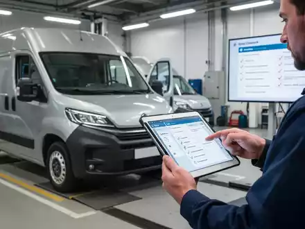 Ein modernes Nutzfahrzeug wird in einer Werkstatt geprüft. Ein Techniker verwendet ein Tablet für die digitale Dokumentation der UVV-Prüfung. - Foto: über boerse-global.de