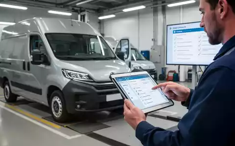 Ein modernes Nutzfahrzeug wird in einer Werkstatt geprüft. Ein Techniker verwendet ein Tablet für die digitale Dokumentation der UVV-Prüfung. - Foto: über boerse-global.de