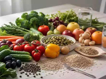 Eine Auswahl gesunder Lebensmittel wie frisches Gemüse, Obst und Vollkornprodukte, kunstvoll auf einem Holztisch arrangiert. - Foto: über boerse-global.de