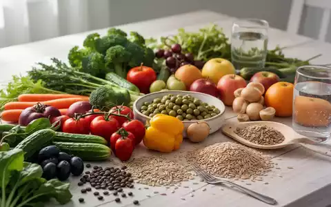 Eine Auswahl gesunder Lebensmittel wie frisches Gemüse, Obst und Vollkornprodukte, kunstvoll auf einem Holztisch arrangiert. - Foto: über boerse-global.de