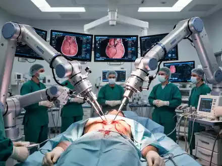 Robotische Chirurgiearme mit Präzisionsinstrumenten operieren in einem sterilen Operationssaal, überwacht von Chirurgen. - Foto: über boerse-global.de