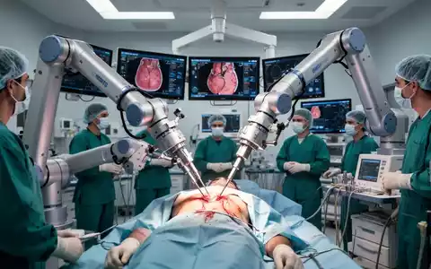 Robotische Chirurgiearme mit Präzisionsinstrumenten operieren in einem sterilen Operationssaal, überwacht von Chirurgen. - Foto: über boerse-global.de