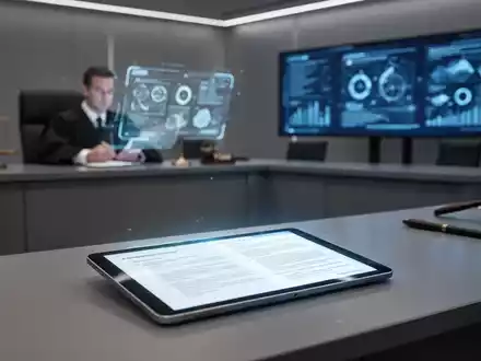 A glowing digital tablet on a modern desk displays legal documents, symbolizing the digitalization of justice. In the blurred background, a legal professional interacts with technology. - Foto: über boerse-global.de