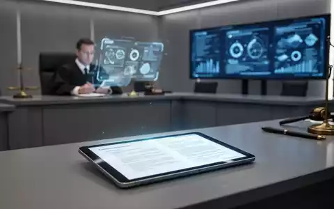 A glowing digital tablet on a modern desk displays legal documents, symbolizing the digitalization of justice. In the blurred background, a legal professional interacts with technology. - Foto: über boerse-global.de
