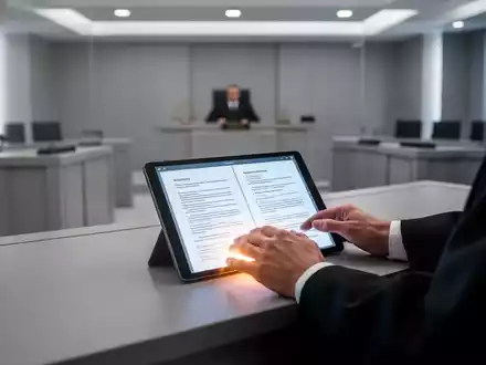 Ein Richtertisch in einem modernen Gerichtssaal mit einem leuchtenden Tablet, das digitale Gerichtsakten anzeigt, anstelle von Papierstapeln. - Foto: über boerse-global.de