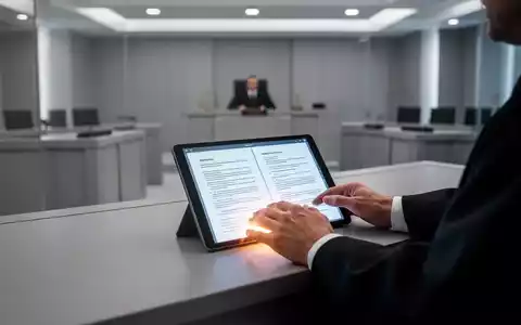 Ein Richtertisch in einem modernen Gerichtssaal mit einem leuchtenden Tablet, das digitale Gerichtsakten anzeigt, anstelle von Papierstapeln. - Foto: über boerse-global.de