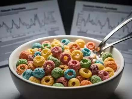 Eine Nahaufnahme einer Schale mit hochverarbeitetem Frühstücksflocken und einem Löffel, mit verschwommenen medizinischen Diagrammen im Hintergrund. - Foto: über boerse-global.de
