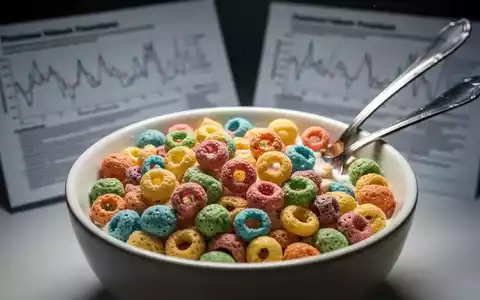 Eine Nahaufnahme einer Schale mit hochverarbeitetem Frühstücksflocken und einem Löffel, mit verschwommenen medizinischen Diagrammen im Hintergrund. - Foto: über boerse-global.de