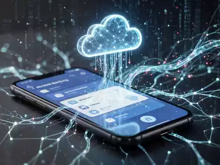A smartphone displaying a secure mobile banking app, overlaid with a glowing, abstract neural network pattern and data streams flowing into a cloud icon. - Foto: über boerse-global.de
