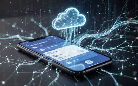 A smartphone displaying a secure mobile banking app, overlaid with a glowing, abstract neural network pattern and data streams flowing into a cloud icon. - Foto: über boerse-global.de