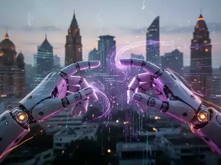 Humanoid robot hands interacting with glowing digital data streams, symbolizing India's role in AI robotics software and data. - Foto: über boerse-global.de