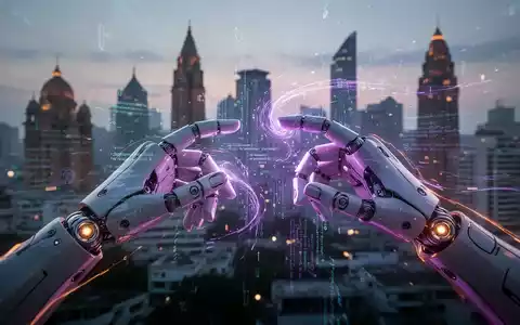 Humanoid robot hands interacting with glowing digital data streams, symbolizing India's role in AI robotics software and data. - Foto: über boerse-global.de