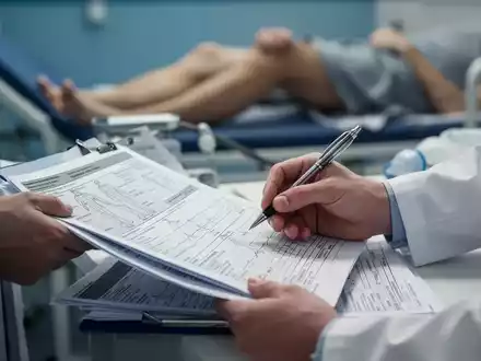 Nahaufnahme der Hände eines Arztes, der medizinische Unterlagen prüft, mit unscharfem Hintergrund, der die Beine eines Patienten zeigt. - Foto: über boerse-global.de