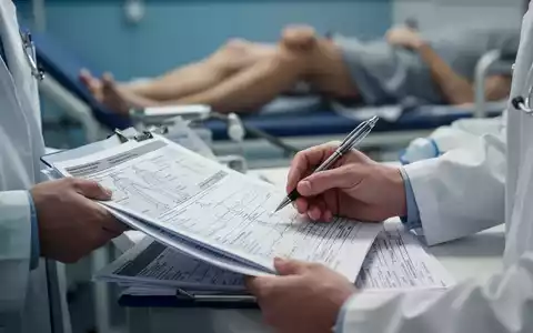 Nahaufnahme der Hände eines Arztes, der medizinische Unterlagen prüft, mit unscharfem Hintergrund, der die Beine eines Patienten zeigt. - Foto: über boerse-global.de