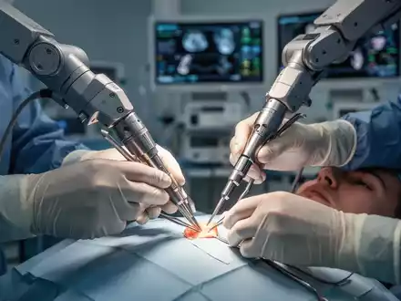 Chirurgenhände steuern präzise robotische Instrumente bei einer Wirbelsäulenoperation, mit einem unscharfen Hintergrund von medizinischen Geräten. - Foto: über boerse-global.de