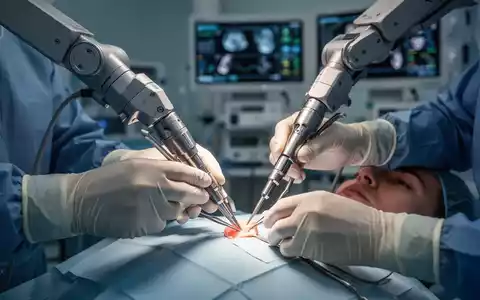 Chirurgenhände steuern präzise robotische Instrumente bei einer Wirbelsäulenoperation, mit einem unscharfen Hintergrund von medizinischen Geräten. - Foto: über boerse-global.de