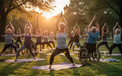 Eine Gruppe von Menschen praktiziert Yoga in einem ruhigen Park bei Sonnenaufgang, was Wohlbefinden und Achtsamkeit symbolisiert. - Foto: über boerse-global.de