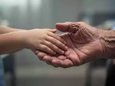 Zwei Hände, eine kleinere, jüngere Hand, die eine größere, ältere Hand berührt, um Verbundenheit und Unterstützung darzustellen. - Foto: über boerse-global.de