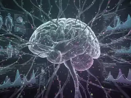 Eine abstrakte Darstellung von neuronalen Bahnen, die sich mit Datenströmen und medizinischen Diagrammen verflechten. - Foto: über boerse-global.de