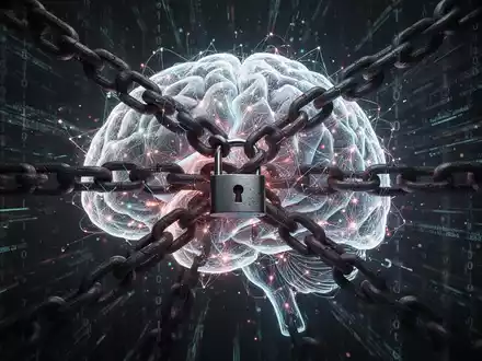 An abstract, glowing AI brain entangled in dark security chains, symbolizing AI security risks and vulnerabilities for enterprises. - Foto: über boerse-global.de