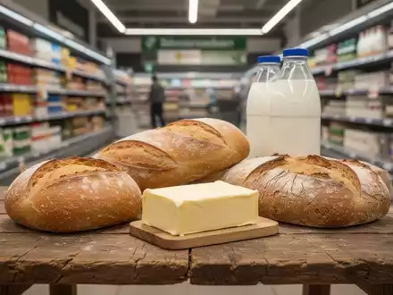 Nahaufnahme von Grundnahrungsmitteln wie Brot, Butter und Milch auf einem Holztisch, Hintergrund verschwommenes Supermarktregal. - Foto: über boerse-global.de