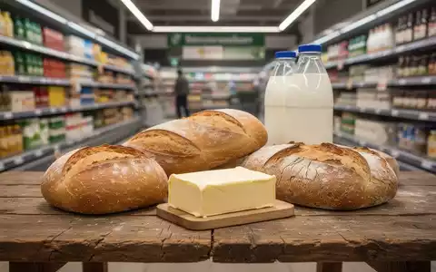 Nahaufnahme von Grundnahrungsmitteln wie Brot, Butter und Milch auf einem Holztisch, Hintergrund verschwommenes Supermarktregal. - Foto: über boerse-global.de