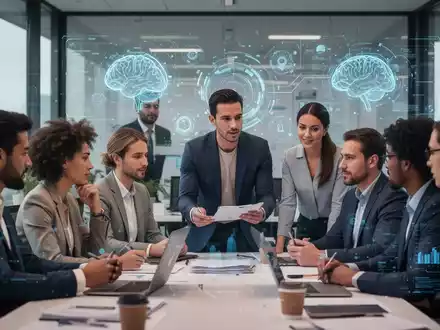 HR-Fachkräfte in einer Schulung, die sich mit KI und Datenschutz befasst, mit digitalen Schnittstellen im Hintergrund. - Foto: über boerse-global.de