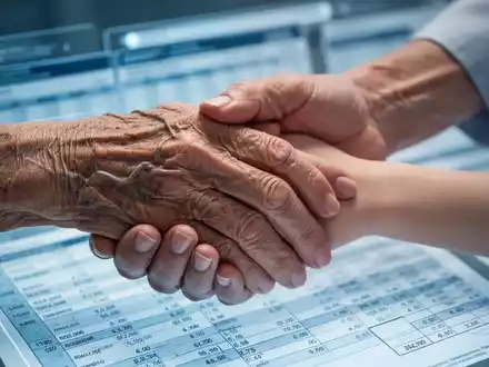 Zwei Hände, eine ältere und eine jüngere, halten sich sanft, mit einem unscharfen Hintergrund, der Finanzdokumente andeutet. - Foto: über boerse-global.de
