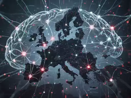 A digital brain graphic with glowing nodes overlaid on an EU map silhouette, symbolizing AI features blocked in the EU. - Foto: über boerse-global.de