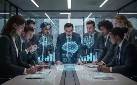 Eine Gruppe von Fachleuten arbeitet in einem modernen Büro um eine holografische KI-Schnittstelle, die Daten anzeigt. - Foto: über boerse-global.de