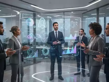 Führungskräfte in einem modernen Büro, die ein transparentes Display mit KI-Daten betrachten und über Anpassungsfähigkeit diskutieren. - Foto: über boerse-global.de