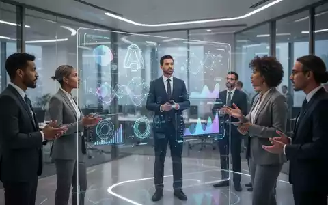 Führungskräfte in einem modernen Büro, die ein transparentes Display mit KI-Daten betrachten und über Anpassungsfähigkeit diskutieren. - Foto: über boerse-global.de