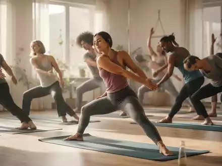 Eine vielfältige Gruppe von Menschen praktiziert therapeutisches Yoga in einem ruhigen Raum, mit Fokus auf Atemübungen und sanfte Bewegungen. - Foto: über boerse-global.de
