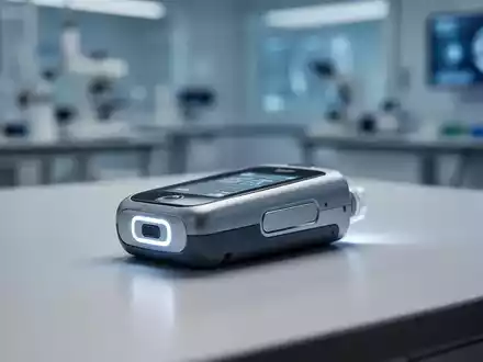 Nahaufnahme eines modernen medizinischen Geräts, das an einen Insulinpumpe oder Glukosemonitor erinnert, auf einer minimalistischen Oberfläche. - Foto: über boerse-global.de