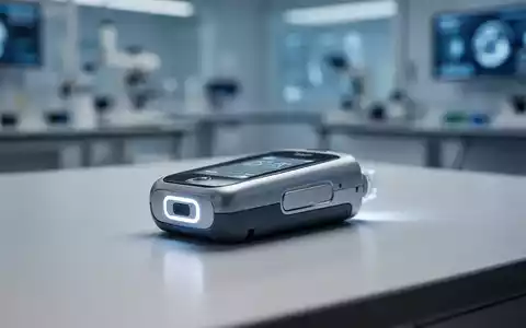 Nahaufnahme eines modernen medizinischen Geräts, das an einen Insulinpumpe oder Glukosemonitor erinnert, auf einer minimalistischen Oberfläche. - Foto: über boerse-global.de