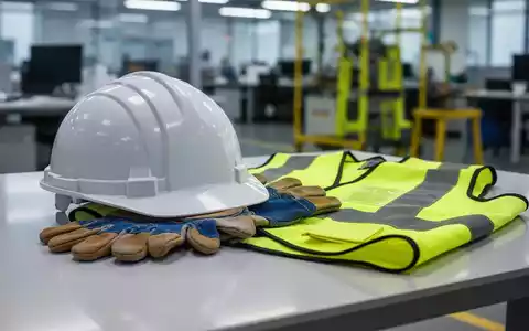 Schutzhelm, Handschuhe und Warnweste liegen auf einer reflektierenden Oberfläche, Hintergrund ist ein unscharfes Büro oder eine Fabrikhalle. - Foto: über boerse-global.de
