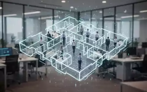 A holographic interface showing an office map with digital avatars, overlaid on a blurred modern office interior, symbolizing workplace tracking. - Foto: über boerse-global.de