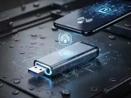 Eine verschlüsselte USB-SSD und ein Smartphone mit NFC-Symbol, das die drahtlose Entsperrung der Daten darstellt. - Foto: über boerse-global.de