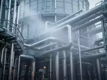 Nahaufnahme der komplexen Rohrleitungen und des Nebels eines modernen Industriekühlturms, der die technische Komplexität hervorhebt. - Foto: über boerse-global.de