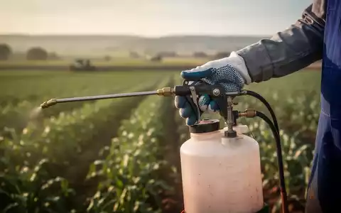 Eine Nahaufnahme einer behandschuhten Hand, die ein Pestizidsprühgerät auf einem Feld hält, mit unscharfer Agrarlandschaft im Hintergrund. - Foto: über boerse-global.de