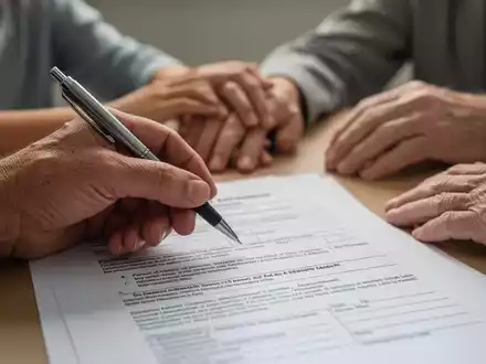 Eine Hand hält einen Stift über einem juristischen Dokument, im Hintergrund unscharf die Hände einer jüngeren und einer älteren Person. - Foto: über boerse-global.de