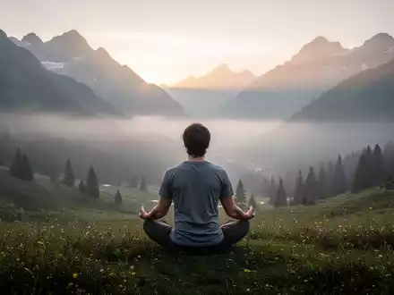 Eine Person meditiert im Lotussitz auf einem Berggipfel bei Sonnenaufgang, umgeben von Nebel und alpiner Landschaft. - Foto: über boerse-global.de