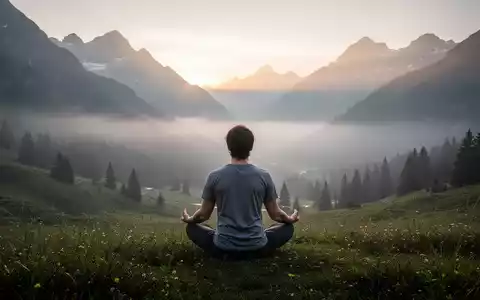 Eine Person meditiert im Lotussitz auf einem Berggipfel bei Sonnenaufgang, umgeben von Nebel und alpiner Landschaft. - Foto: über boerse-global.de