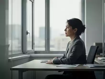 Eine Person sitzt nachdenklich an einem Schreibtisch in einem ruhigen Büro und blickt aus einem Fenster, um Entschleunigung zu signalisieren. - Foto: über boerse-global.de