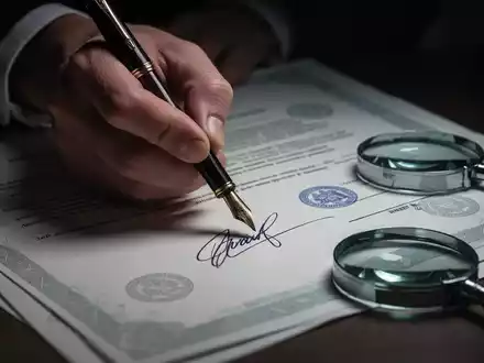 Eine Hand fälscht eine Unterschrift auf einem Dokument mit einem Füllfederhalter. Ein Vergrößerungsglas liegt daneben. - Foto: über boerse-global.de