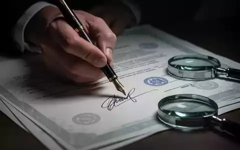 Eine Hand fälscht eine Unterschrift auf einem Dokument mit einem Füllfederhalter. Ein Vergrößerungsglas liegt daneben. - Foto: über boerse-global.de